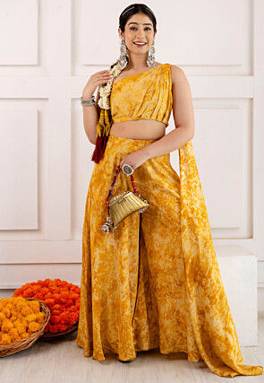 Digital Printed Viscose Silk Crop Top Set in Yellow