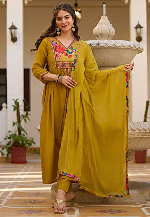 Digital Printed Viscose Silk Front Slit A Line Suit in Mustard