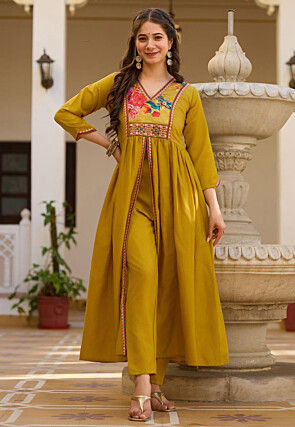 Digital Printed Viscose Silk Front Slit A Line Suit in Mustard