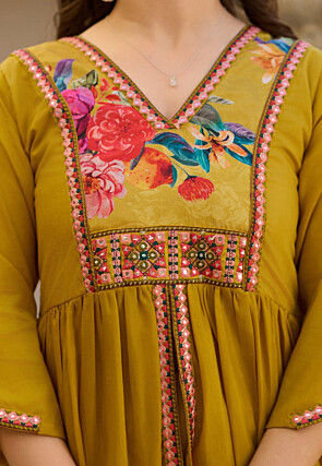 Digital Printed Viscose Silk Front Slit A Line Suit in Mustard