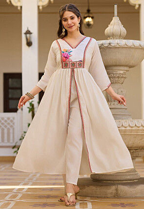 Digital Printed Viscose Silk Front Slit A Line Suit in Off White