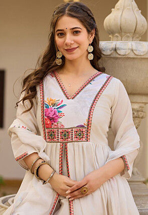 Digital Printed Viscose Silk Front Slit A Line Suit in Off White