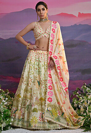 Digital Printed Viscose Silk Lehenga in Cream