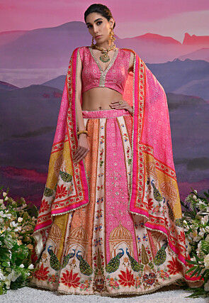 Digital Printed Viscose Silk Lehenga in Multicolor