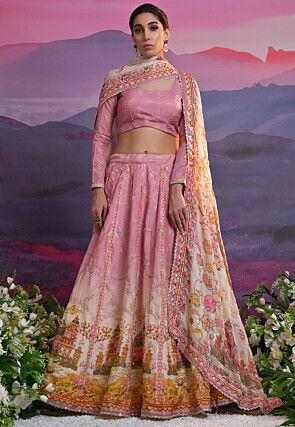 Digital Printed Viscose Silk Lehenga in Pink