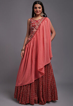 Digital Printed Viscose Silk Lehenga in Red