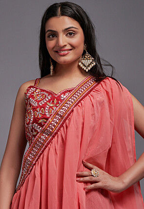 Digital Printed Viscose Silk Lehenga in Red