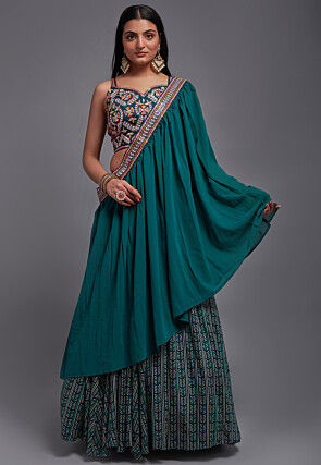 Digital Printed Viscose Silk Lehenga in Teal Green