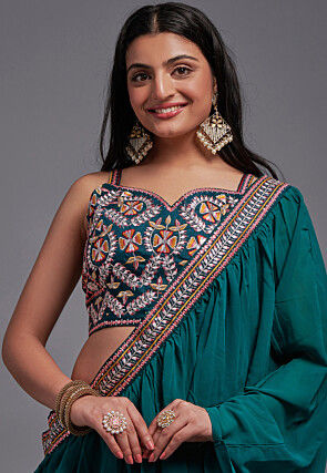 Digital Printed Viscose Silk Lehenga in Teal Green