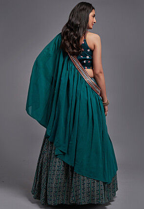 Digital Printed Viscose Silk Lehenga in Teal Green