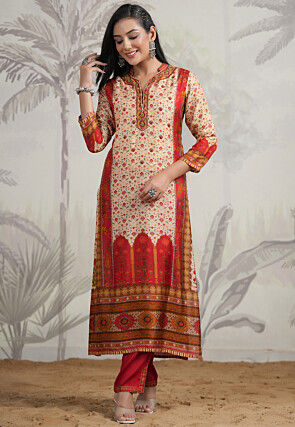 Digital Printed Viscose Silk Pakistani Suit in Beige and Red
