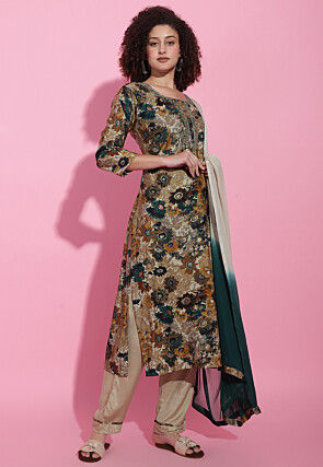 Digital Printed Viscose Silk Pakistani Suit in Beige