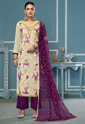 Digital Printed Viscose Silk Pakistani Suit in Beige