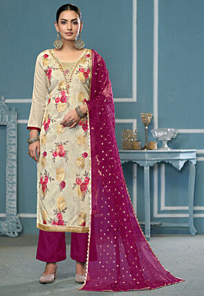 Digital Printed Viscose Silk Pakistani Suit in Beige