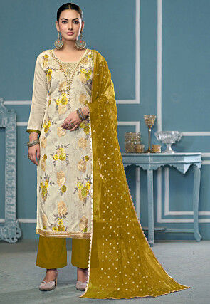 Digital Printed Viscose Silk Pakistani Suit in Beige