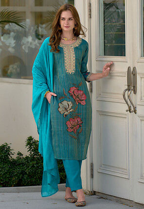 Digital Printed Viscose Silk Pakistani Suit in Blue