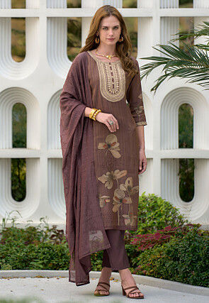 Digital Printed Viscose Silk Pakistani Suit in Brown