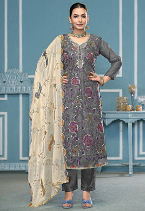 Digital Printed Viscose Silk Pakistani Suit in Grey