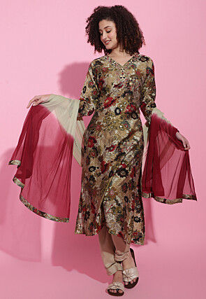 Digital Printed Viscose Silk Pakistani Suit in Light Brown