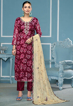 Digital Printed Viscose Silk Jacquard Pakistani Suit in Maroon
