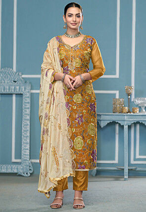 Digital Printed Viscose Silk Pakistani Suit in Mustard