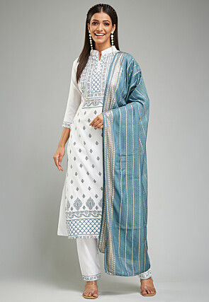 Digital Printed Viscose Silk Pakistani Suit in Off White
