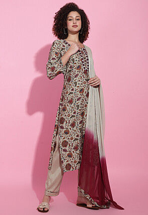 Digital Printed Viscose Silk Pakistani Suit in Off White