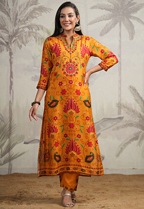 Digital Printed Viscose Silk Pakistani Suit in Orange