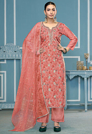 Digital Printed Viscose Silk Pakistani Suit in Peach