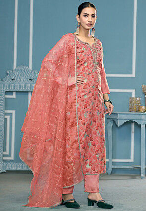 Digital Printed Viscose Silk Pakistani Suit in Peach