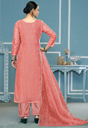 Digital Printed Viscose Silk Pakistani Suit in Peach