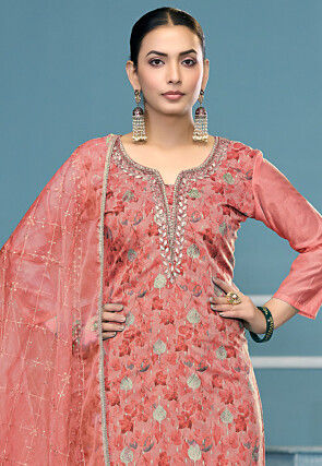Digital Printed Viscose Silk Pakistani Suit in Peach