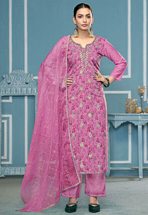Digital Printed Viscose Silk Pakistani Suit in Pink