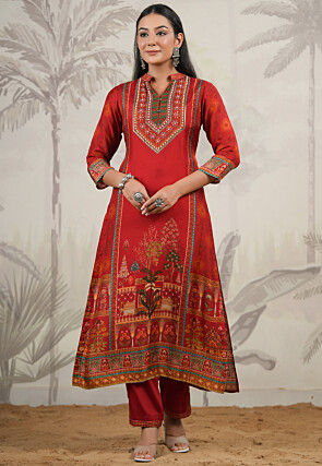 Digital Printed Viscose Silk Pakistani Suit in Red