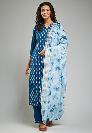 Digital Printed Viscose Silk Pakistani Suit in Teal Blue
