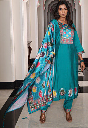 Digital Printed Viscose Silk Pakistani Suit in Teal Blue