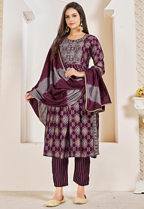 Digital Printed Viscose Silk Pakistani Suit in Wine