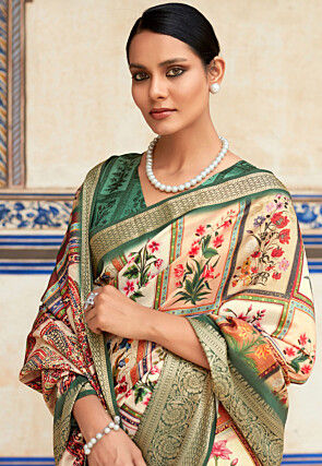 Digital Printed Viscose Silk Saree in Beige and Peach