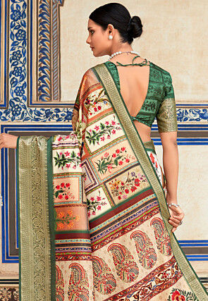Digital Printed Viscose Silk Saree in Beige and Peach