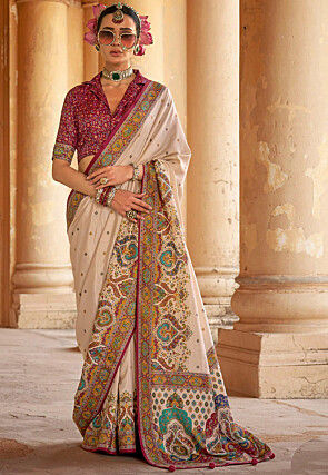Digital Printed Viscose Silk Saree in Beige