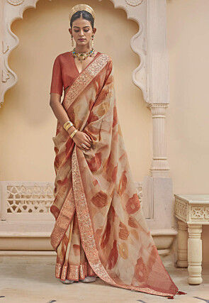 Digital Printed Viscose Silk Saree in Beige