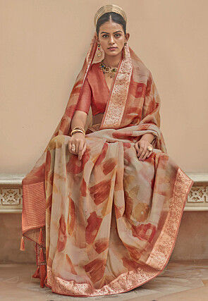 Digital Printed Viscose Silk Saree in Beige