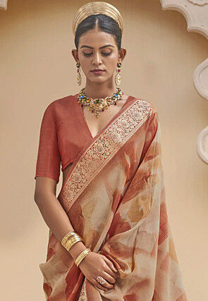 Digital Printed Viscose Silk Saree in Beige