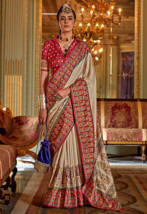 Digital Printed Viscose Silk Saree in Beige