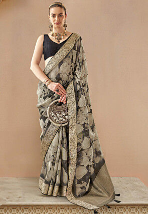 Digital Printed Viscose Silk Saree in Black