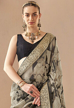 Digital Printed Viscose Silk Saree in Black
