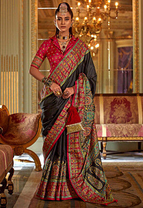Digital Printed Viscose Silk Saree in Black
