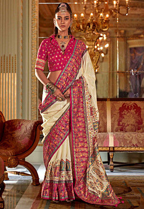 Digital Printed Viscose Silk Saree in Cream