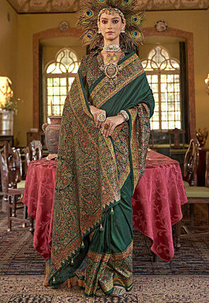 Digital Printed Viscose Silk Saree in Dark Green