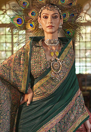 Digital Printed Viscose Silk Saree in Dark Green